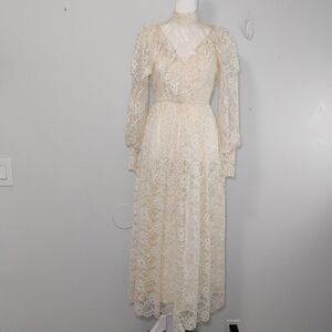 Vintage Lace Ivory Victorian Edwardian Prairie Gunny Sax Dress Period piece Sz 1